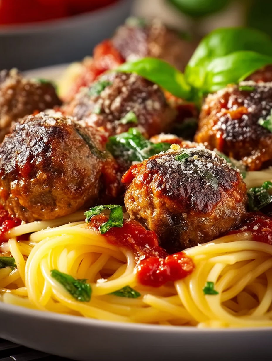 Meatballs on a plate with pasta.