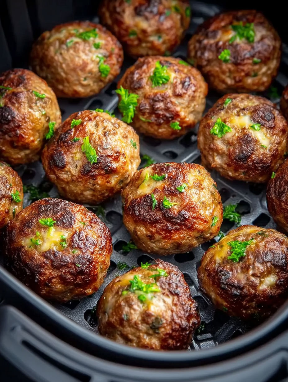 Meatballs cooking in an air fryer.