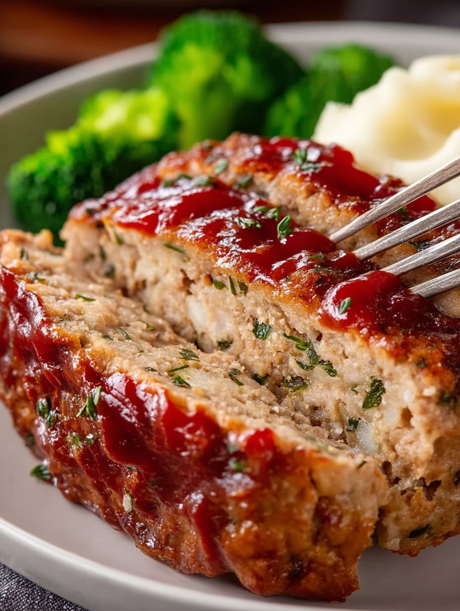 A piece of meatloaf with ketchup on it.