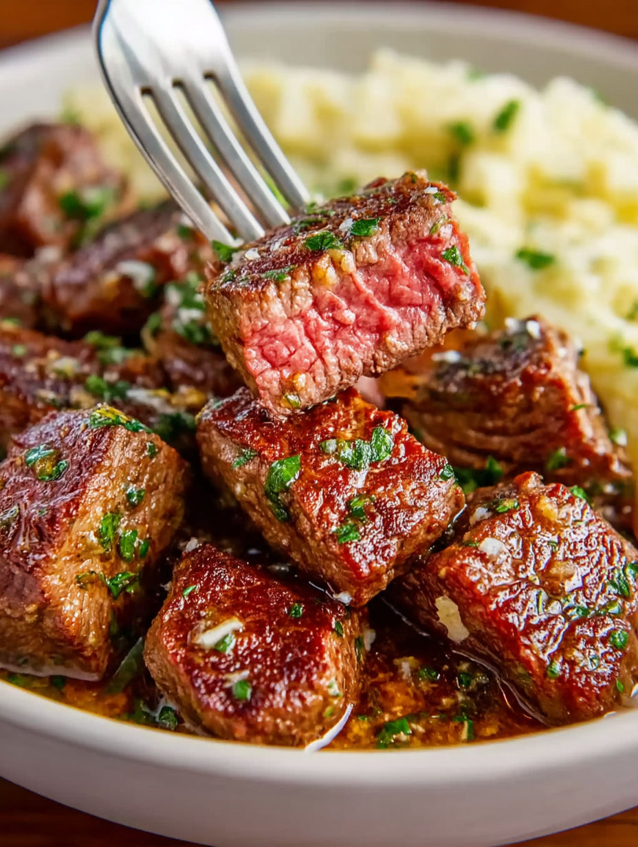 A plate of steak bites with garlic butter and herbs.