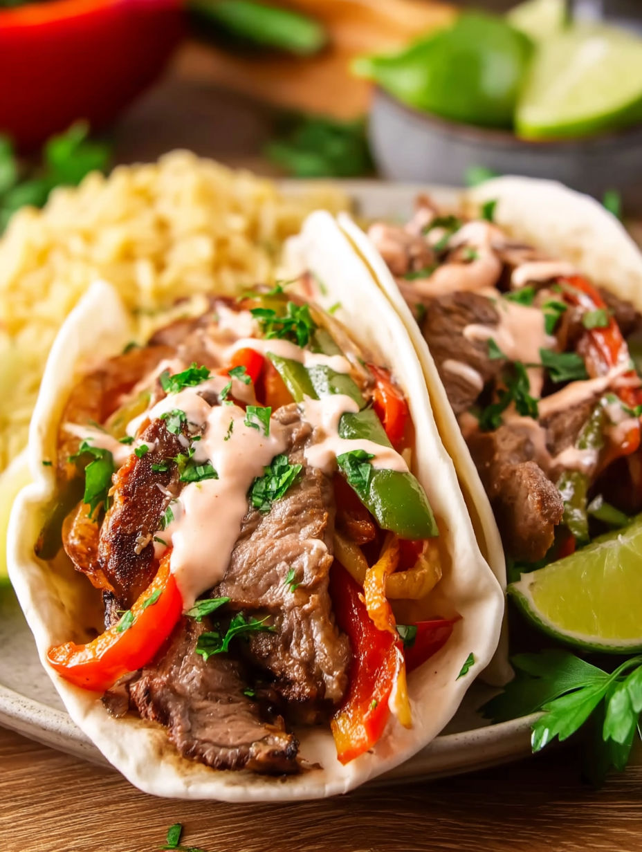 A plate of steak fajitas with rice and peppers.