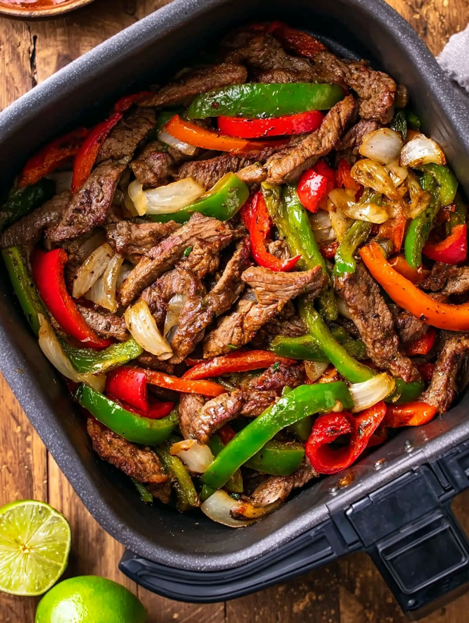 A delicious steak fajita with peppers and onions.