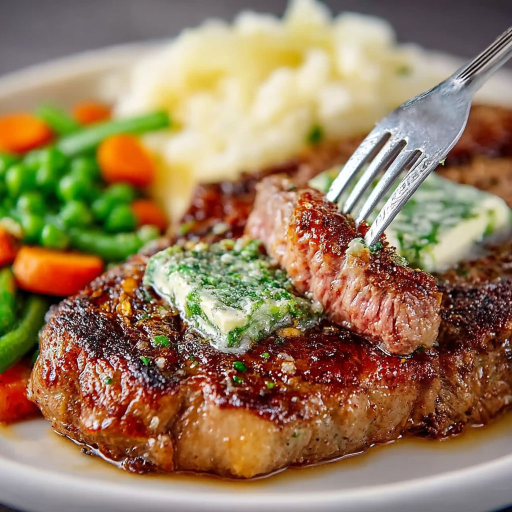 A piece of steak with butter and herbs on top.