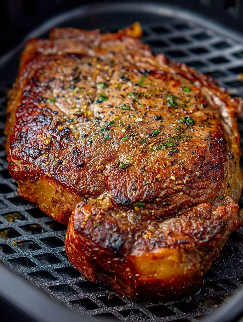 A piece of steak in an air fryer.