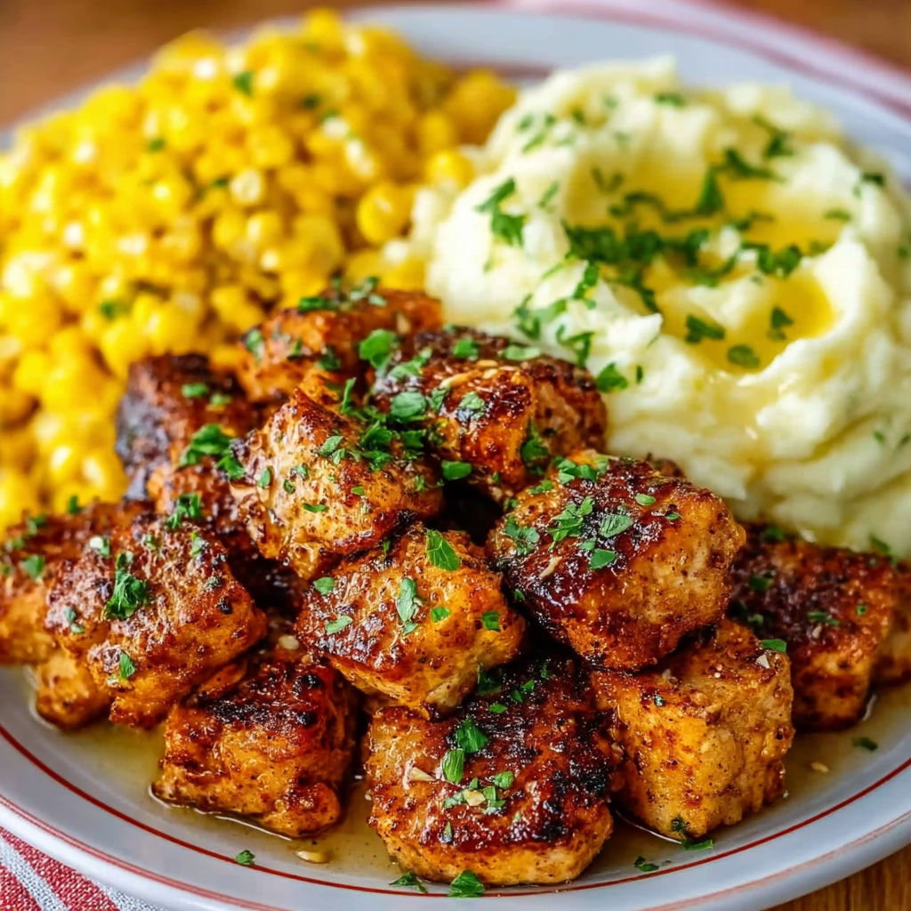A plate of pork chops with green onions on top.