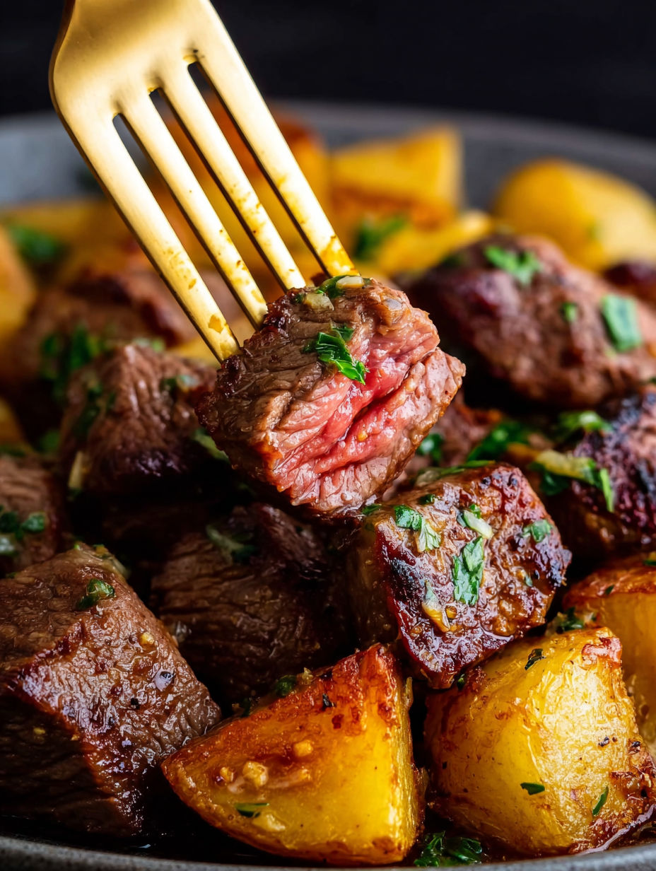 A fork is holding a piece of meat.