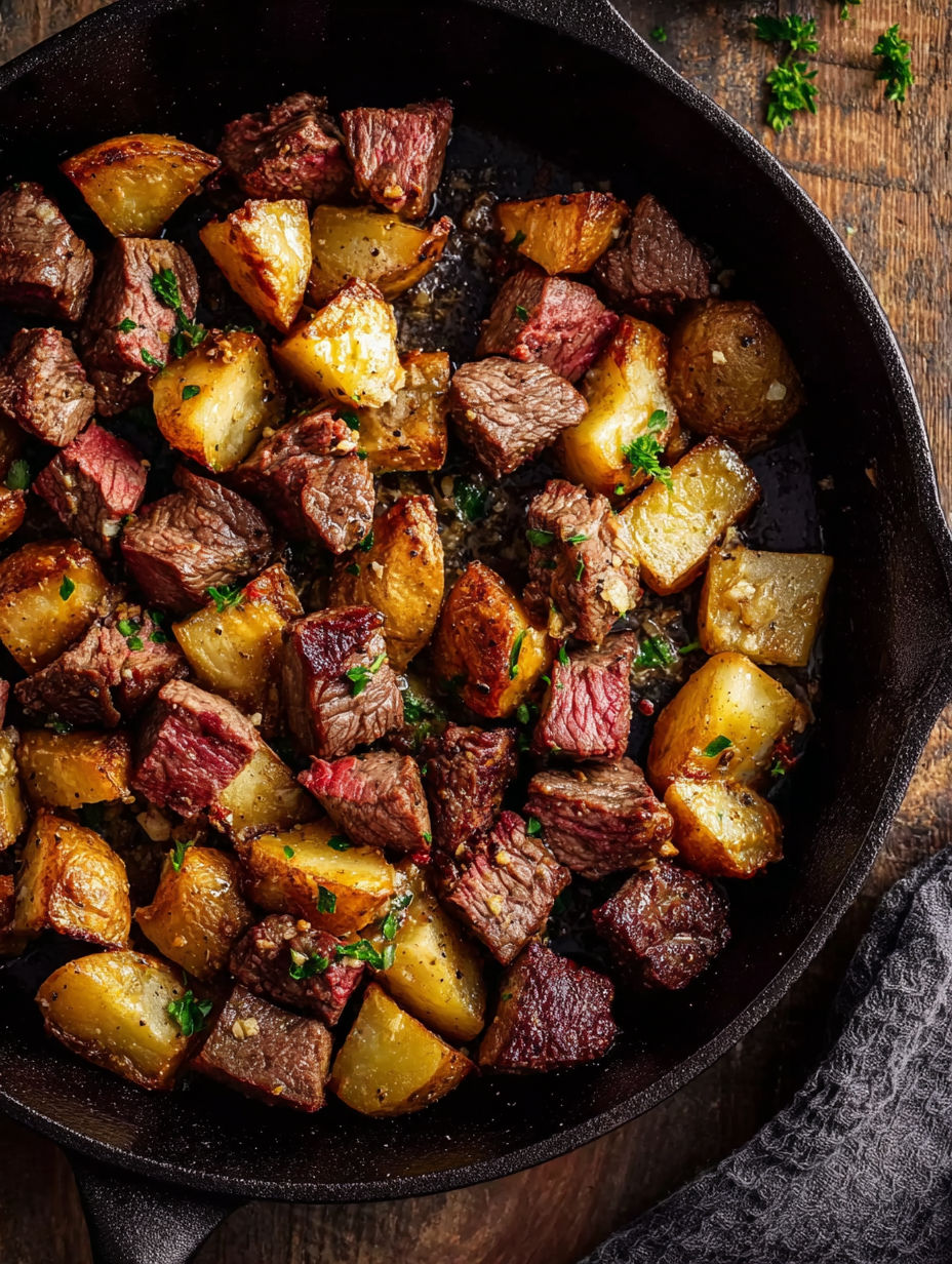 A close up of a skillet with meat and potatoes.