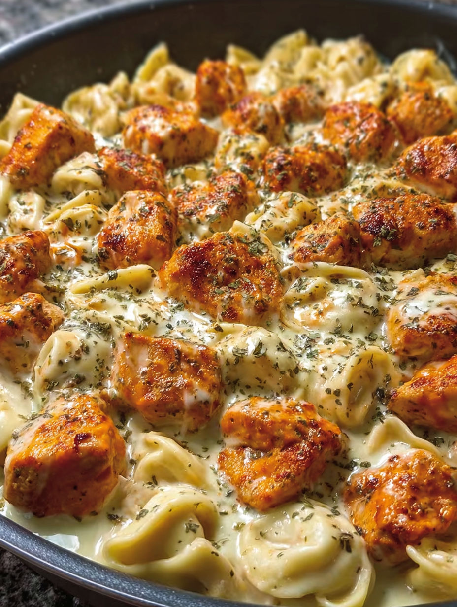 A plate of buffalo chicken tortellini alfredo.