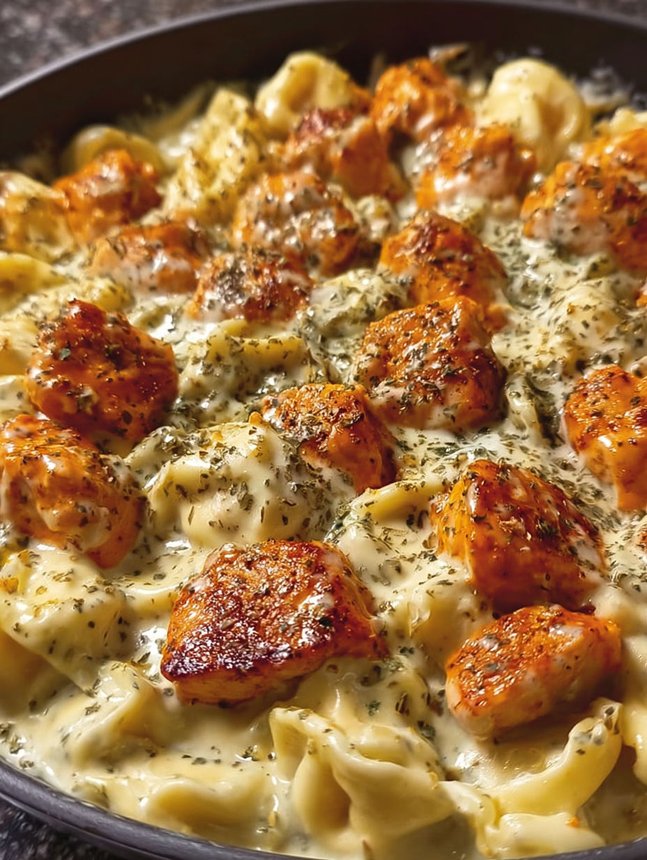 A close up of a delicious buffalo chicken tortellini alfredo.