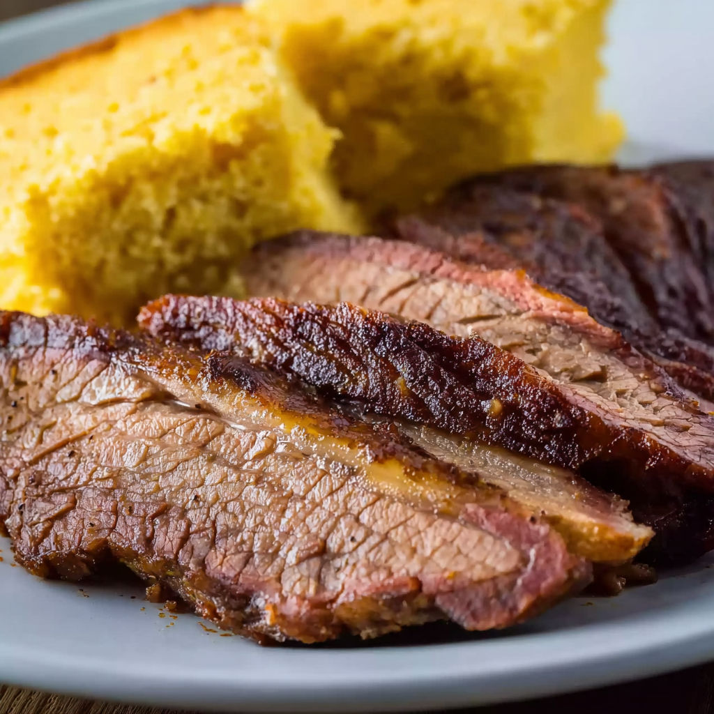 A plate of beef brisket with a slice missing.