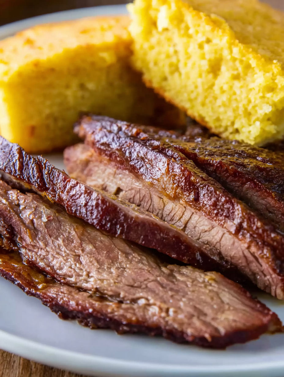 A plate of beef brisket with a loaf of bread.
