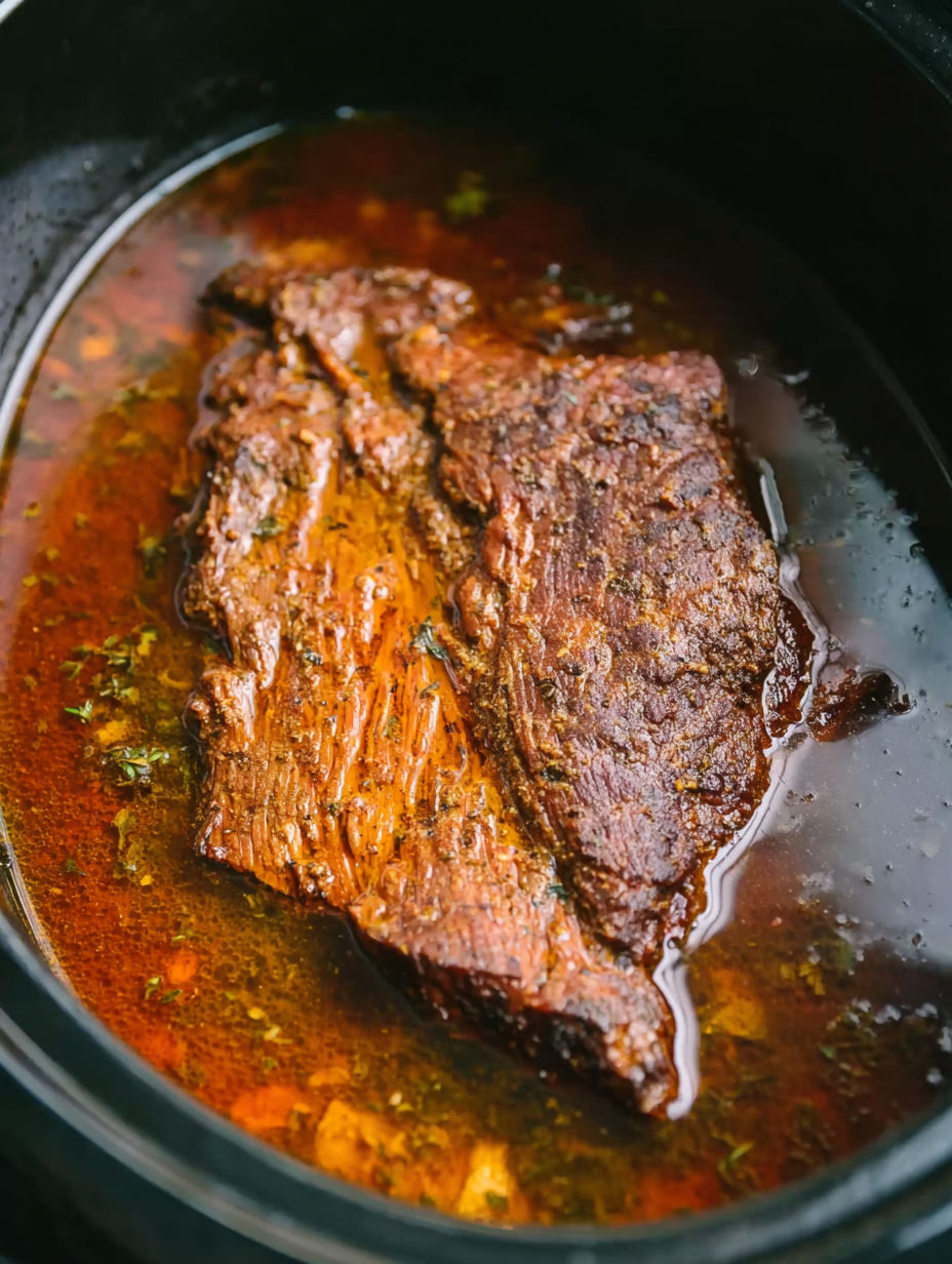 A close up of a crock pot with a brisket in it.