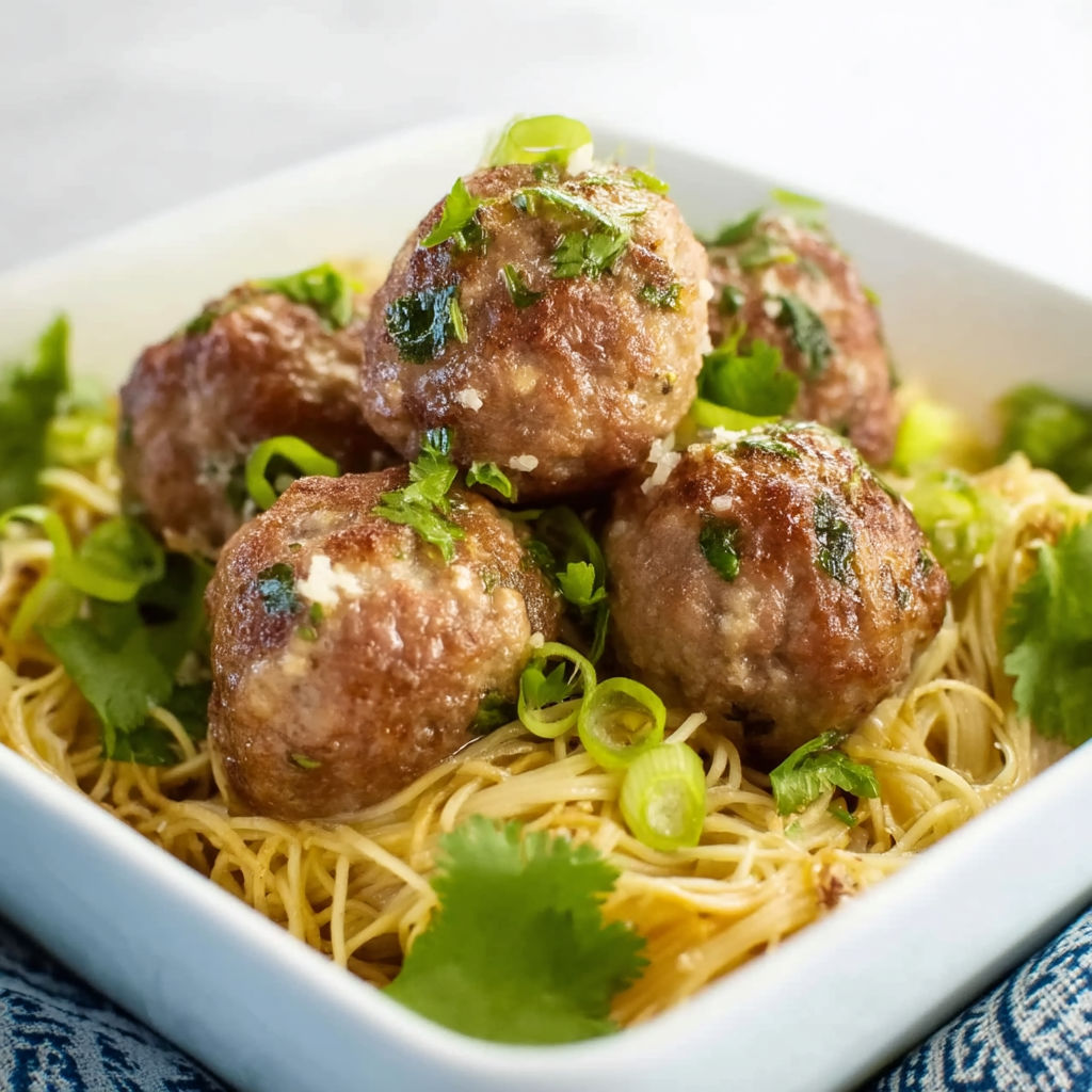 A plate of Asian meatballs with noodles.