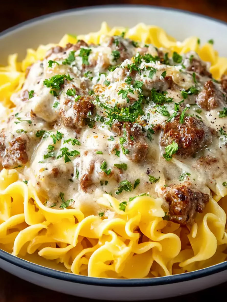 A plate of ground beef stroganoff.