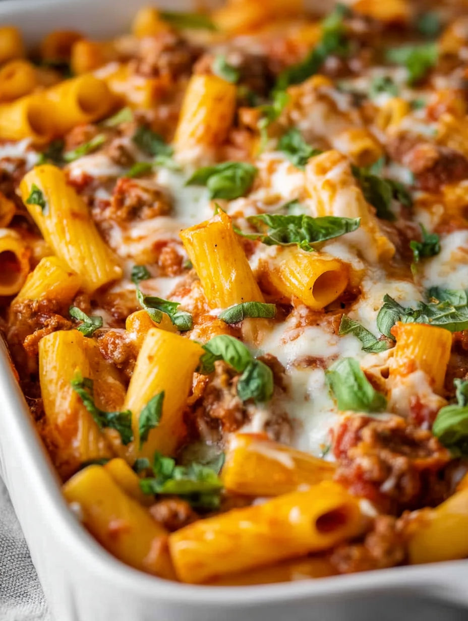 A casserole with pasta and sausage.