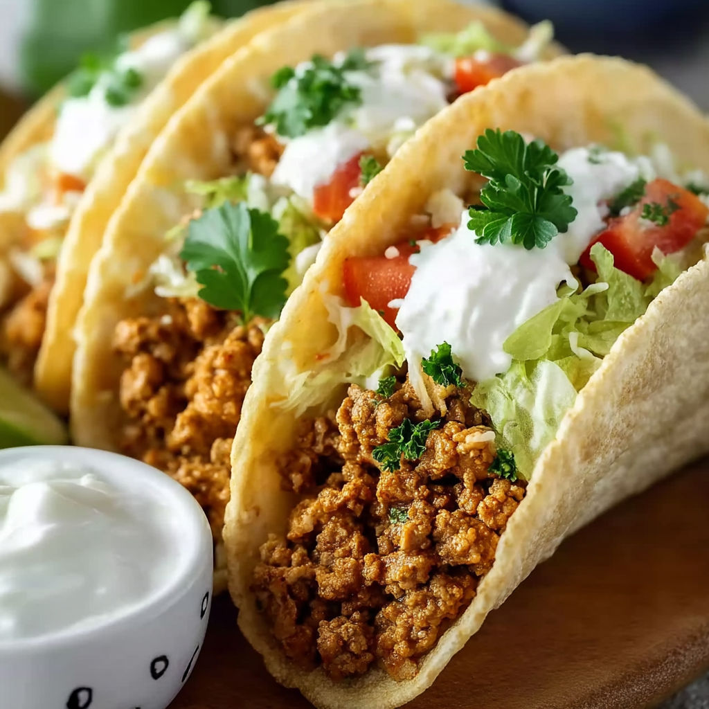 A plate of ground turkey tacos with lettuce and tomatoes.