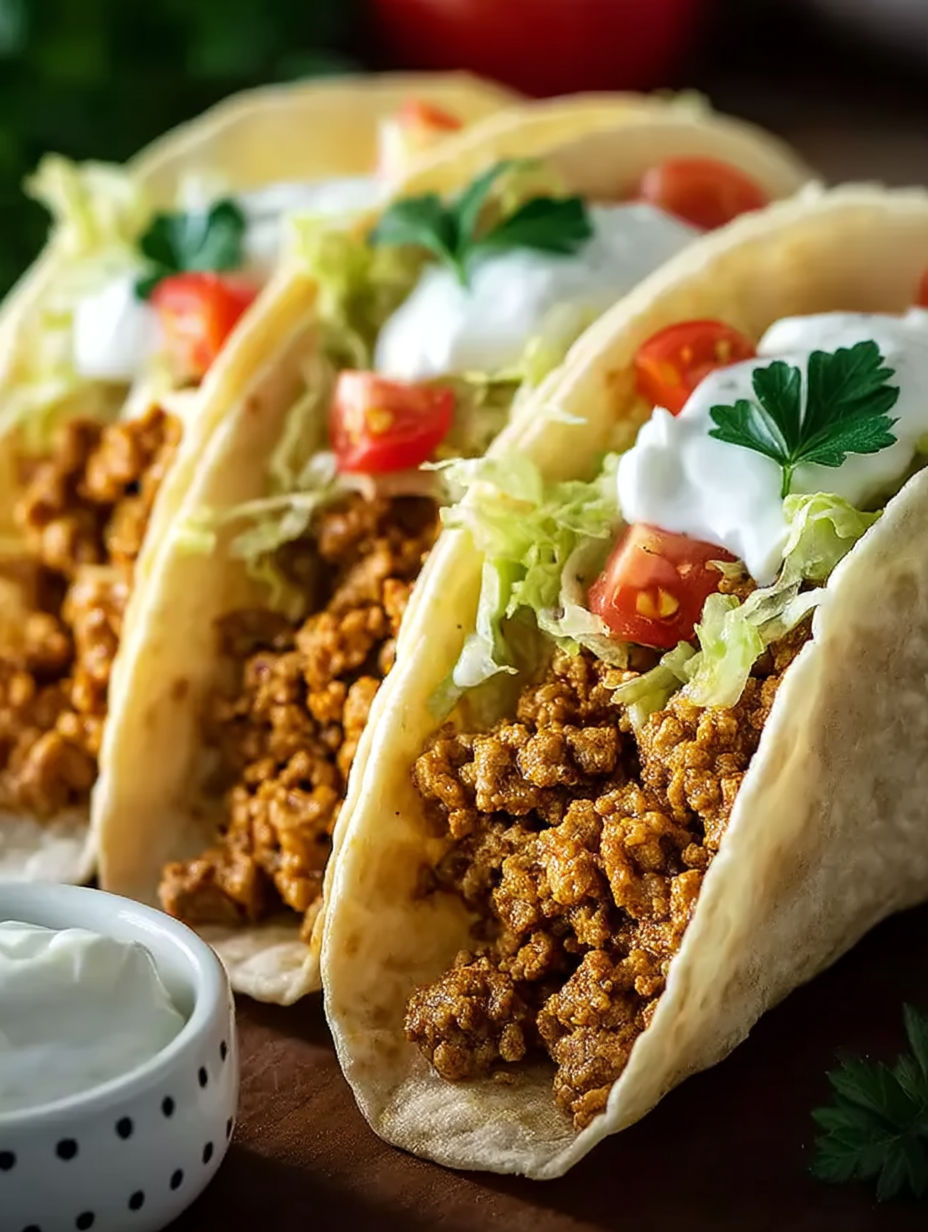 A plate of ground turkey tacos with lettuce and tomatoes.
