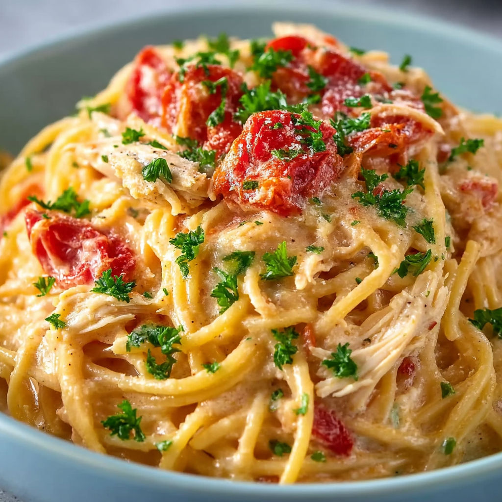 A bowl of spaghetti with chicken and tomatoes.