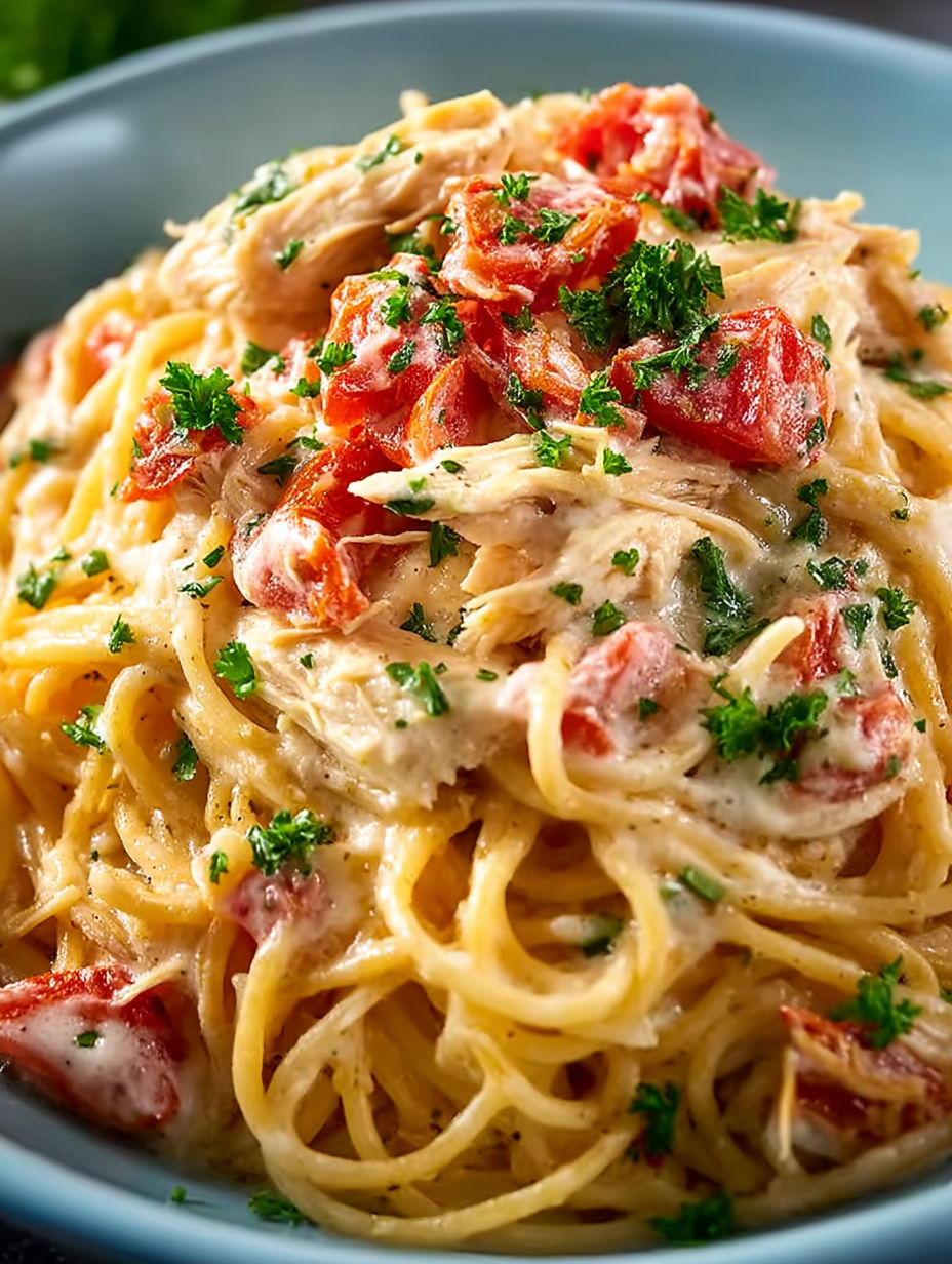 A bowl of spaghetti with chicken and tomatoes.