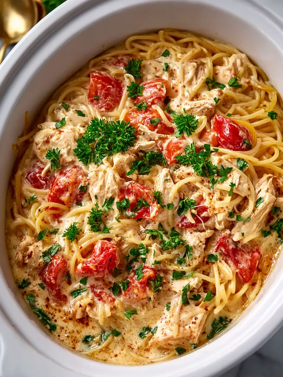 A bowl of spaghetti with chicken and tomatoes.
