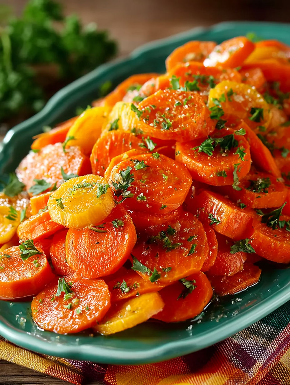 A plate of carrots with herbs on top.