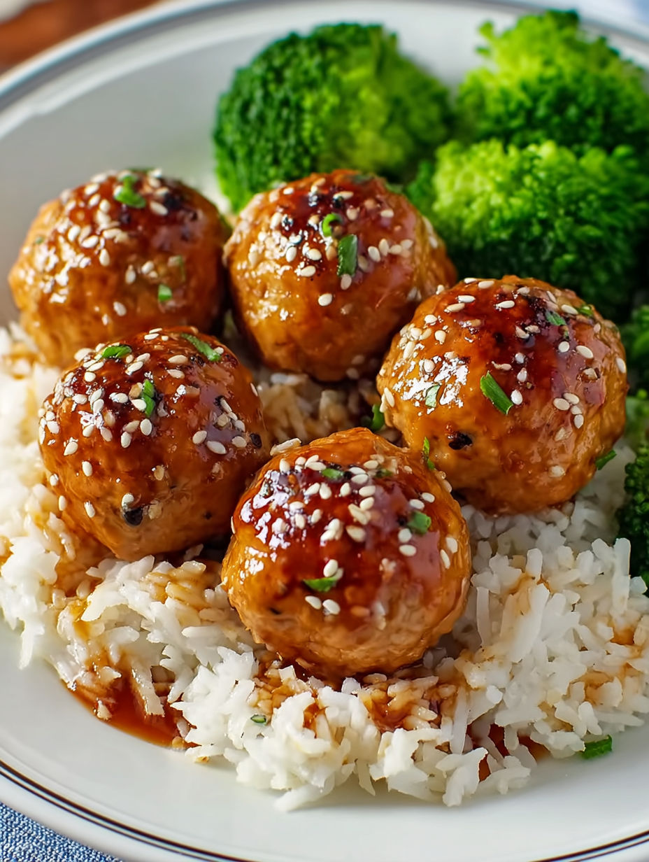 A plate of meatballs with rice and broccoli.