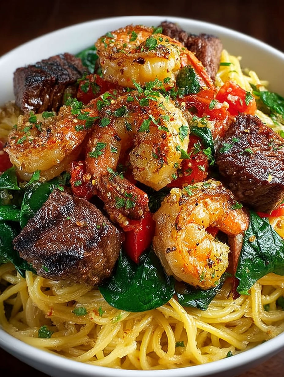 A plate of garlic butter steak and shrimp.