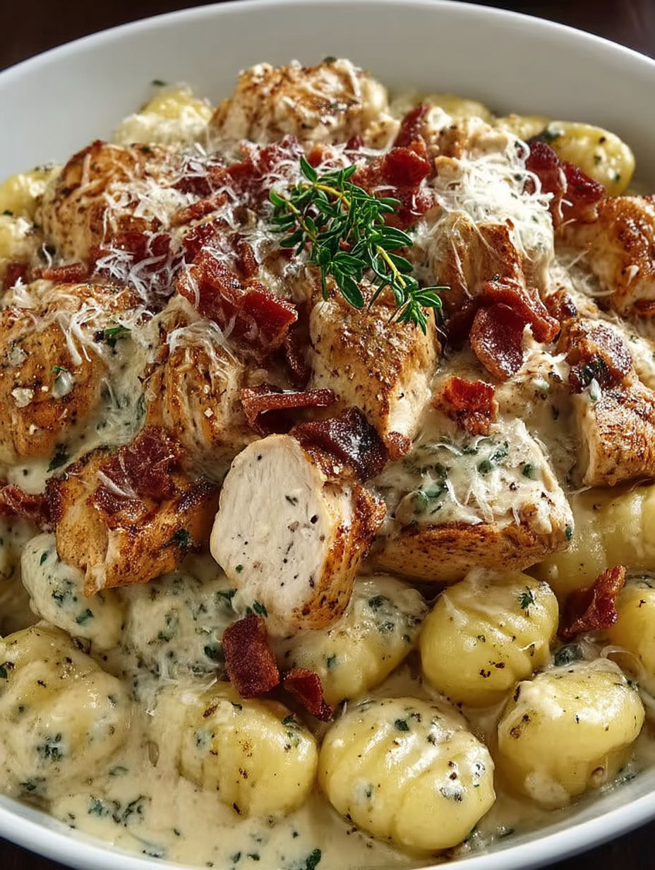 A creamy chicken gnocchi skillet with bacon and cheese.