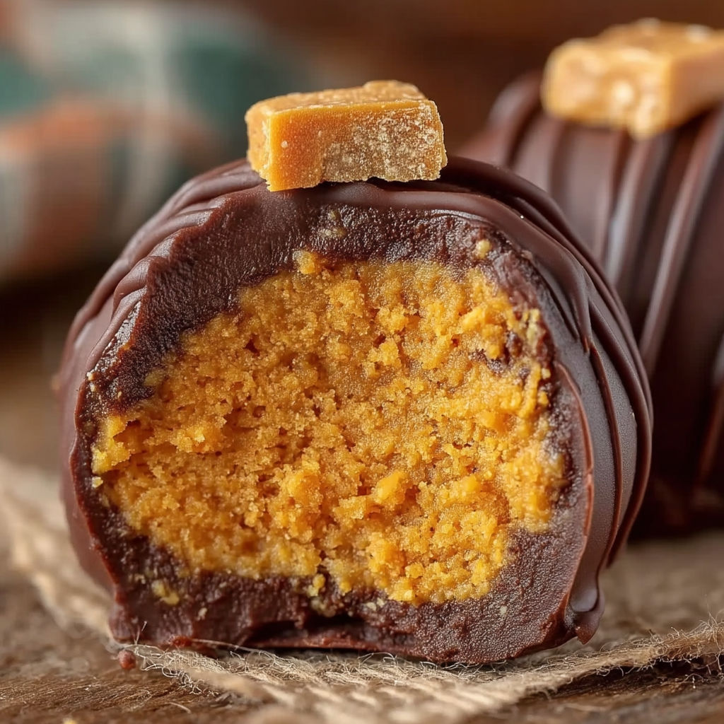 Pumpkin truffles on a table.