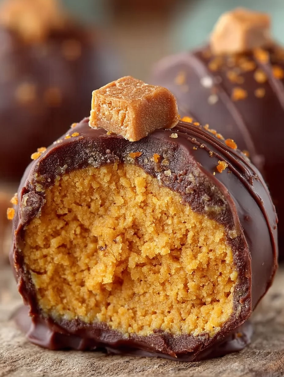 A chocolate covered candy with a piece of caramel on top.
