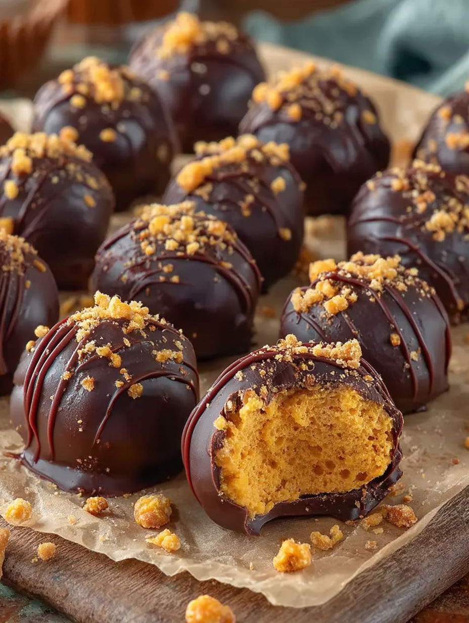Chocolate balls with nuts on top.