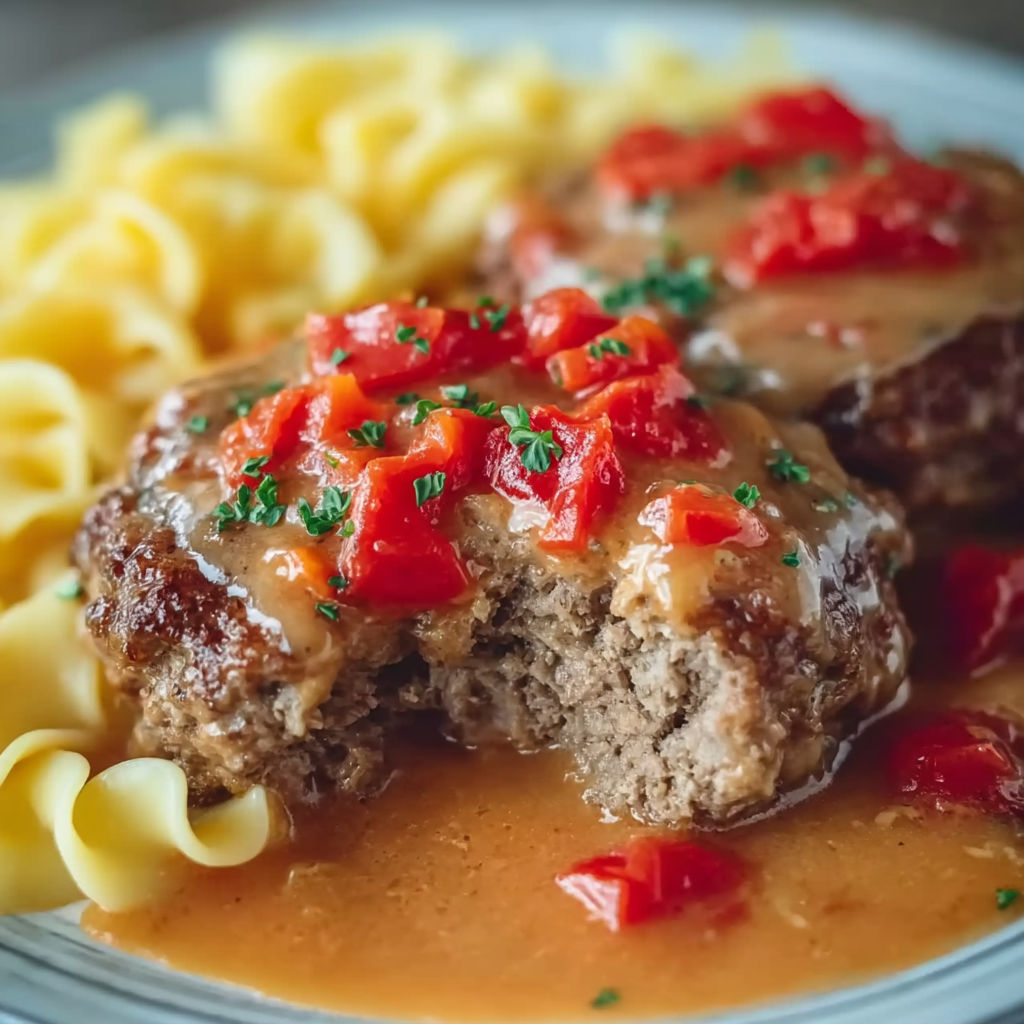 Hamburger steaks with tomato gravy on a plate.