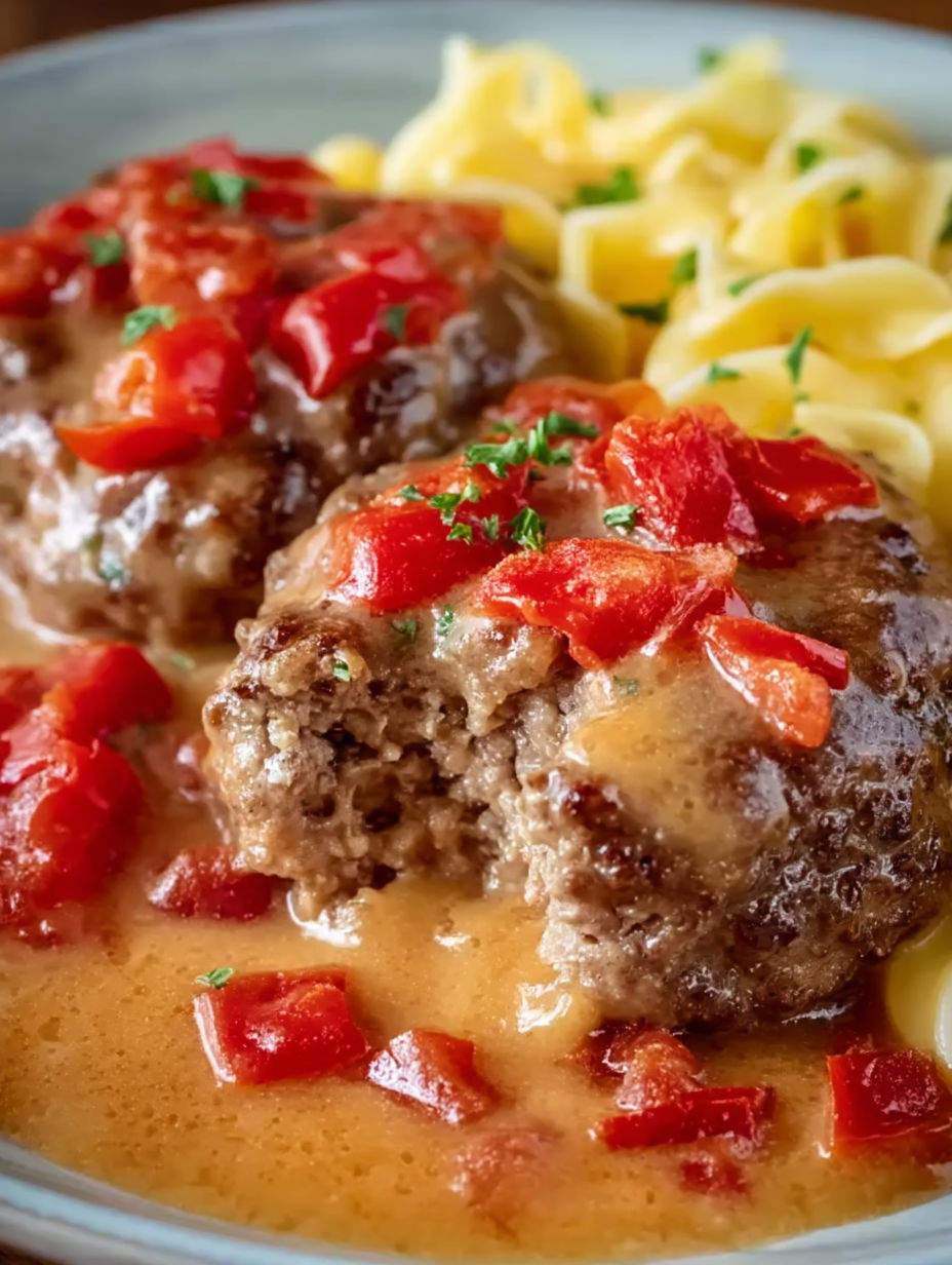 Hamburger steaks with tomato gravy.