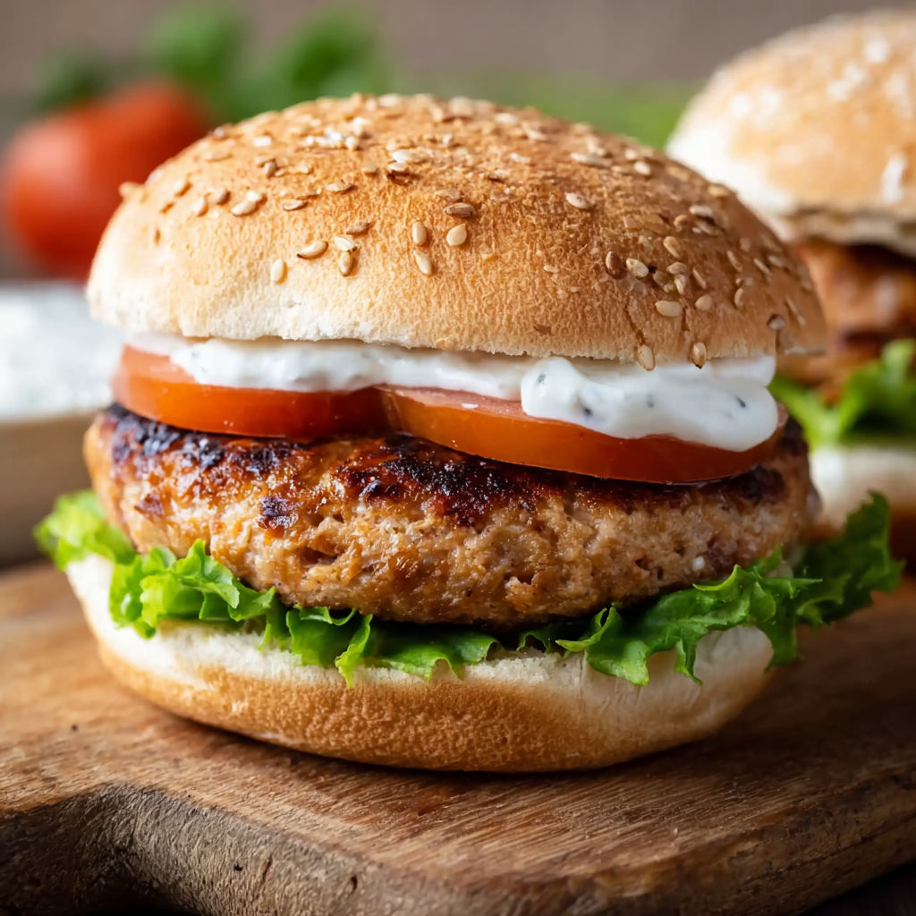 A chicken patty on a bun with tomatoes and lettuce.