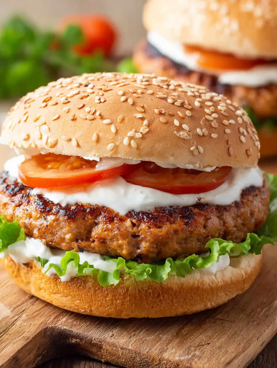 A burger with tomatoes and white sauce.