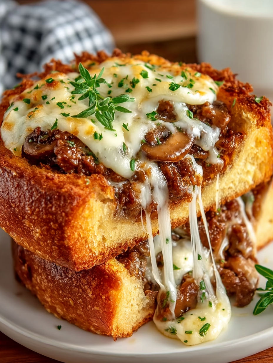 A close up of a sandwich with mushrooms and cheese.