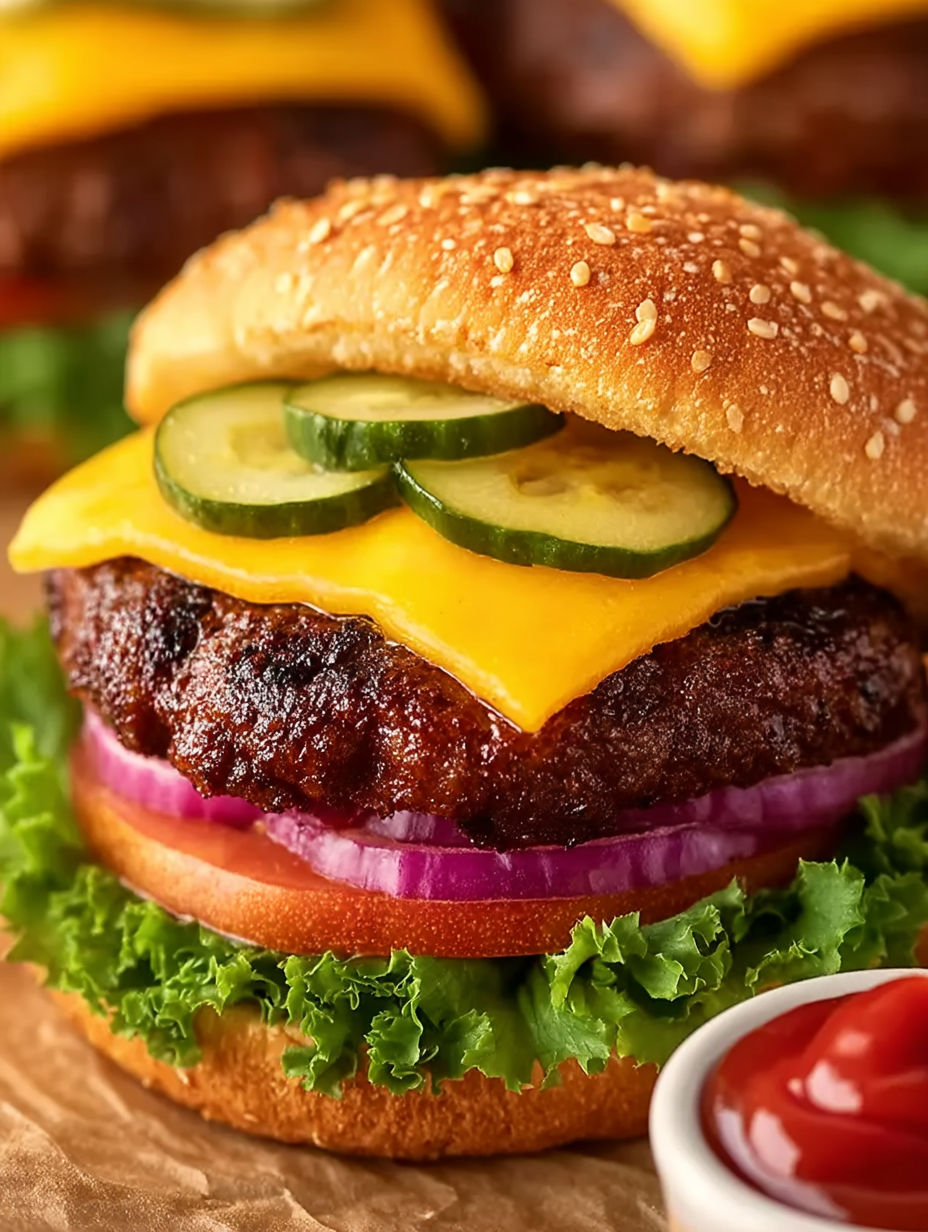 A hamburger with cheese and cucumbers on top.