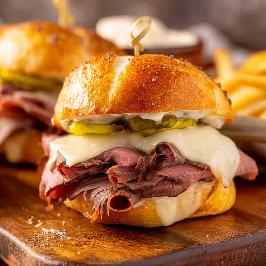 Two sandwiches with meat and cheese on a wooden table.