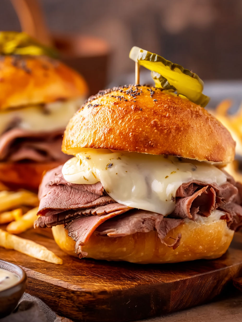 Two sandwiches with meat and cheese on a wooden table.