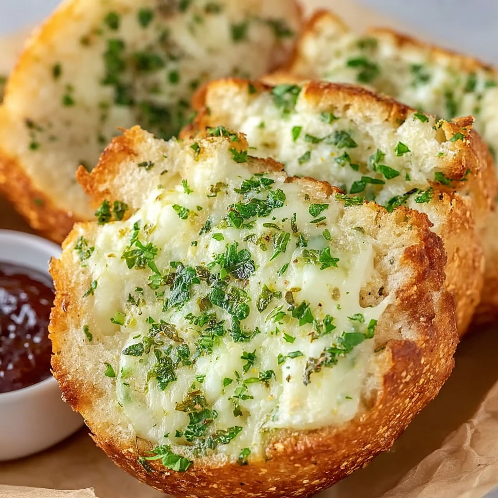 A close up of garlic cheese bread.