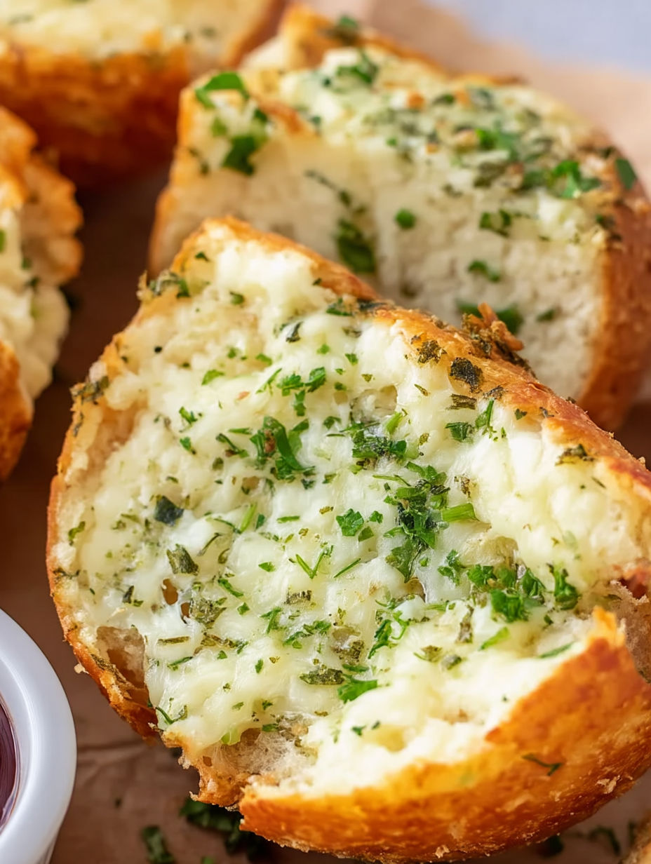 A close up of a garlic cheese bread.