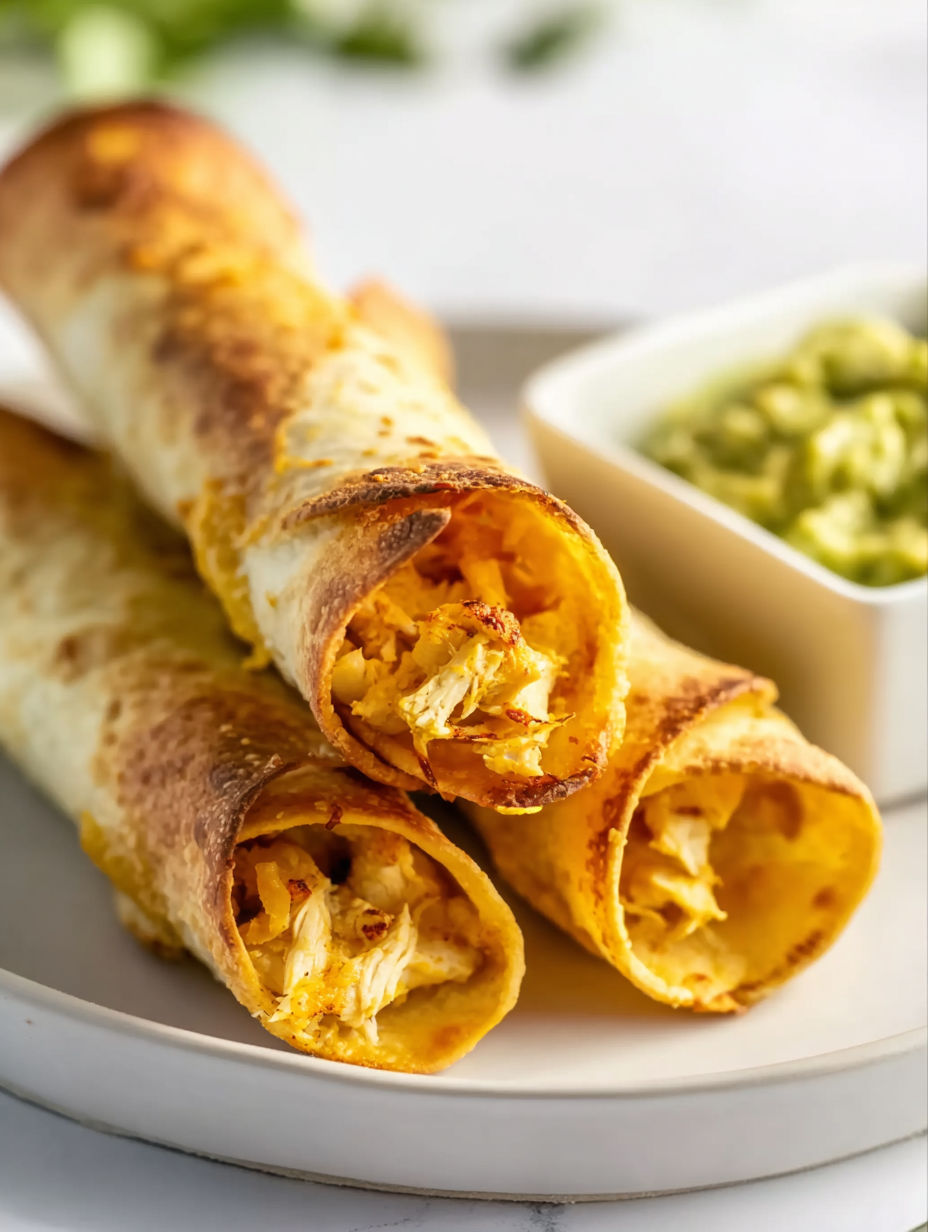 Two baked chicken taquitos on a plate.