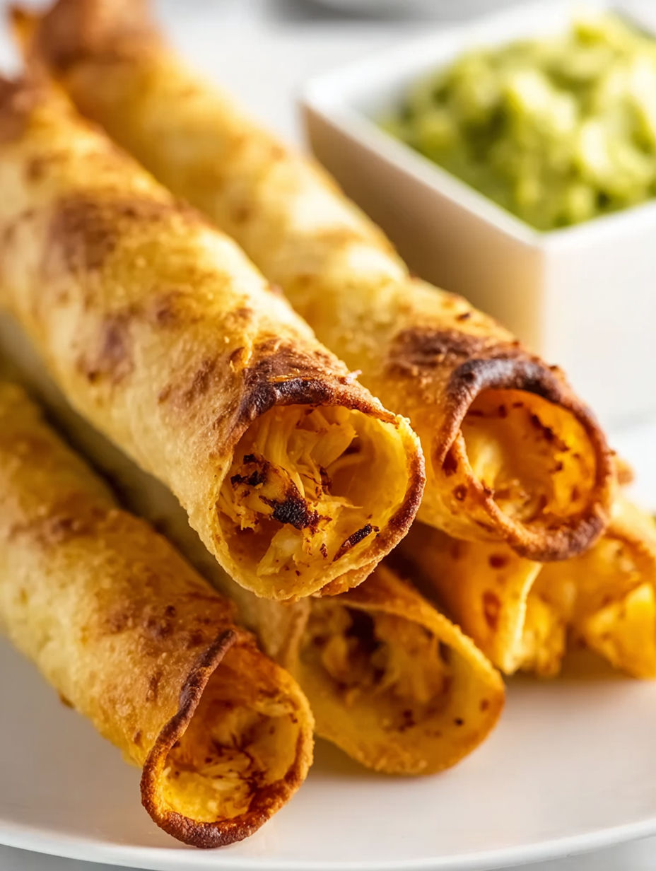Baked chicken taquitos with guacamole.