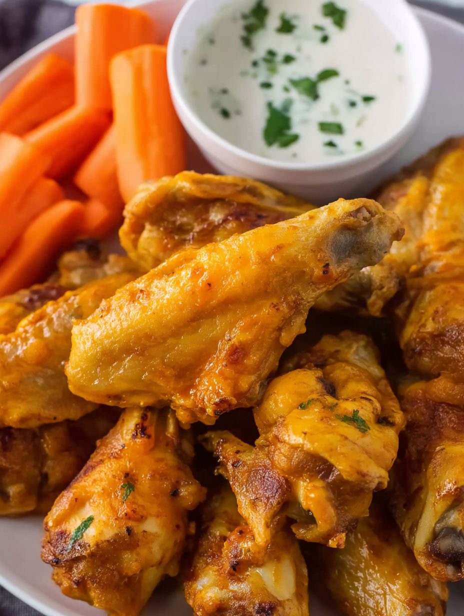A plate of chicken wings with a side of carrots.