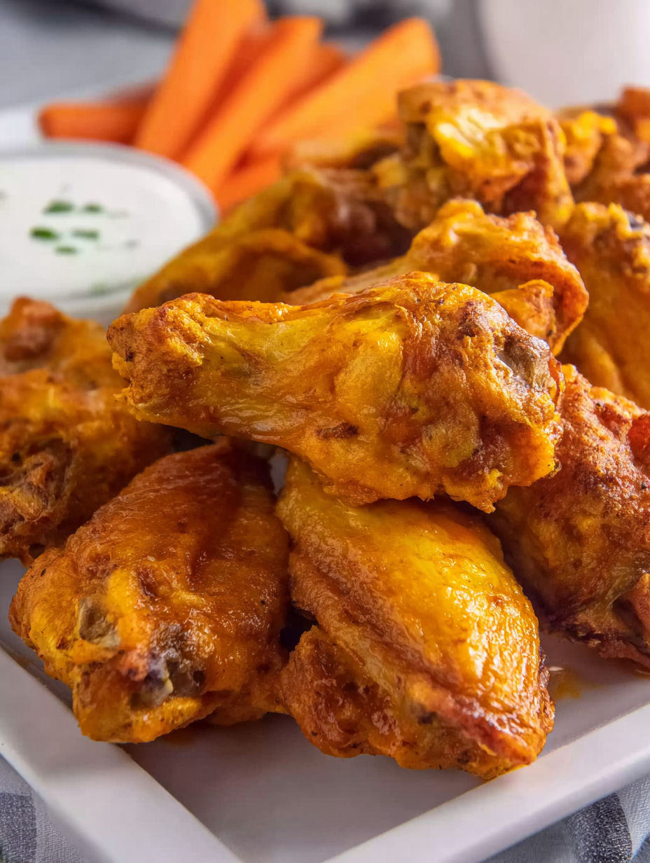 A plate of chicken wings with a side of carrots.