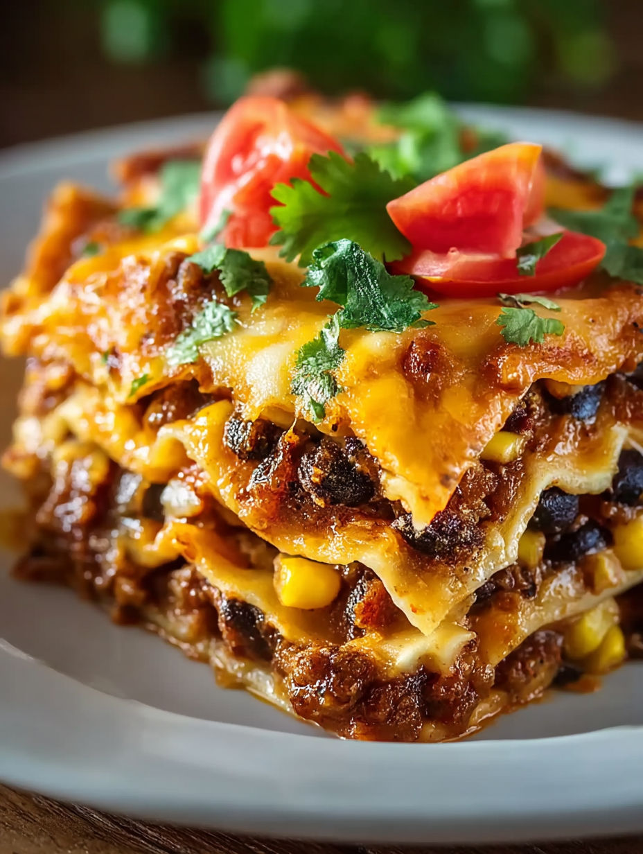 A plate of Mexican lasagna with tomatoes and corn.