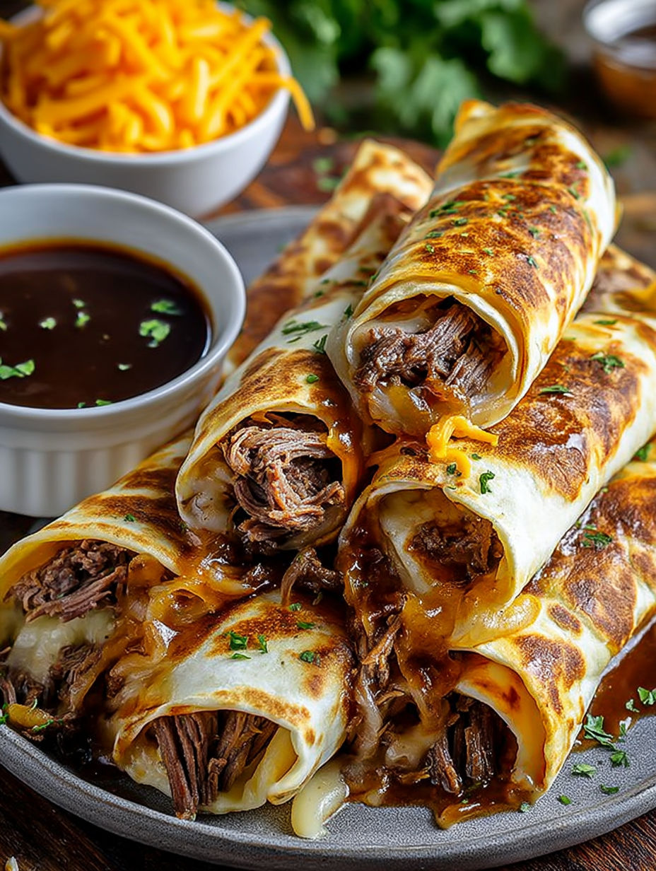 A plate of French dip tortilla roll ups.