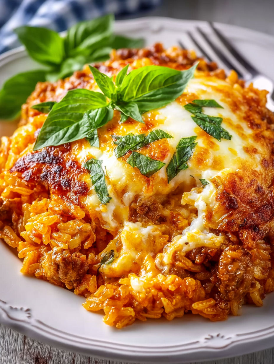 A close up of a delicious Italian Rice Casserole.