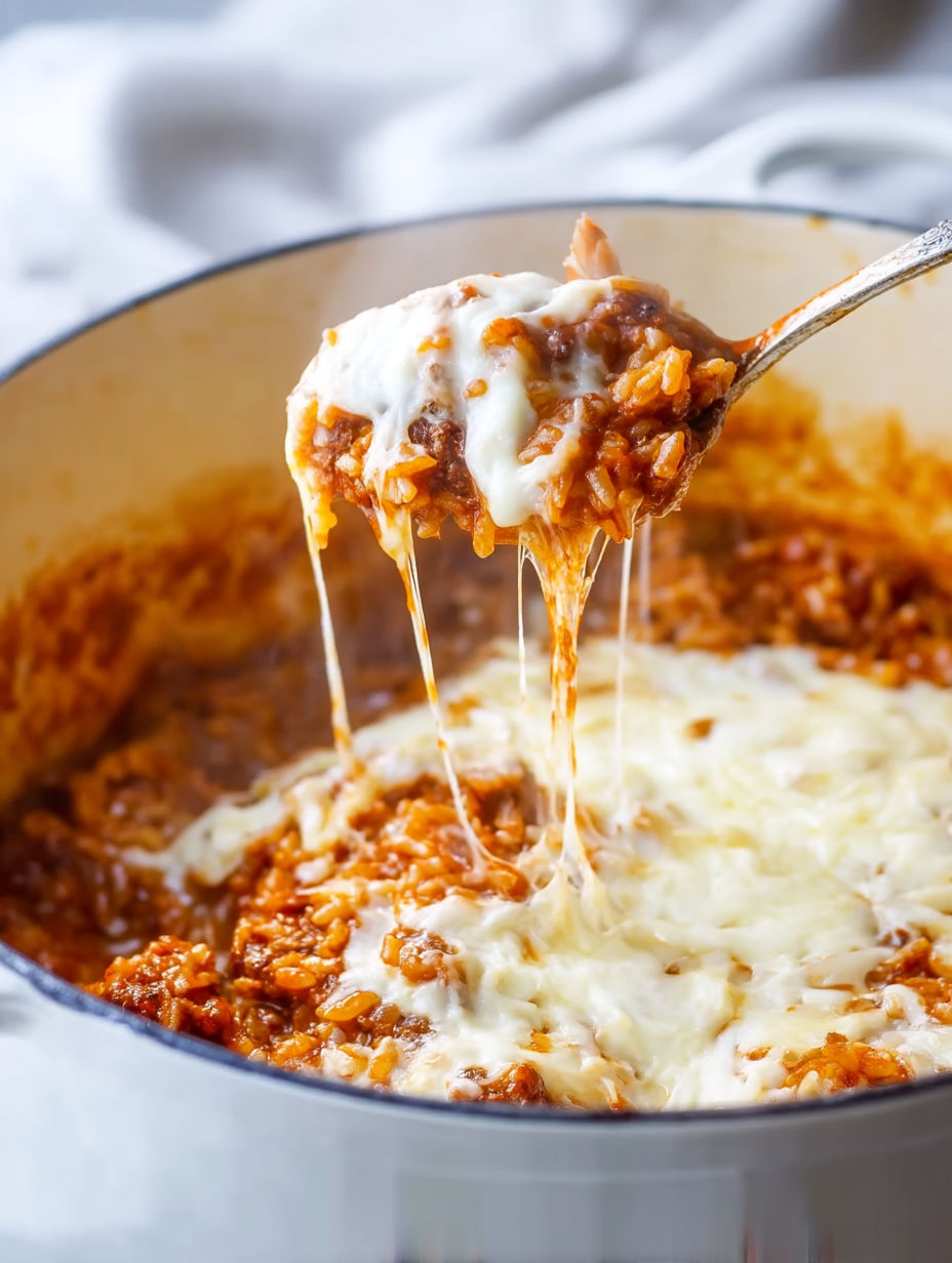 A spoon is in a bowl of Italian Rice Casserole.