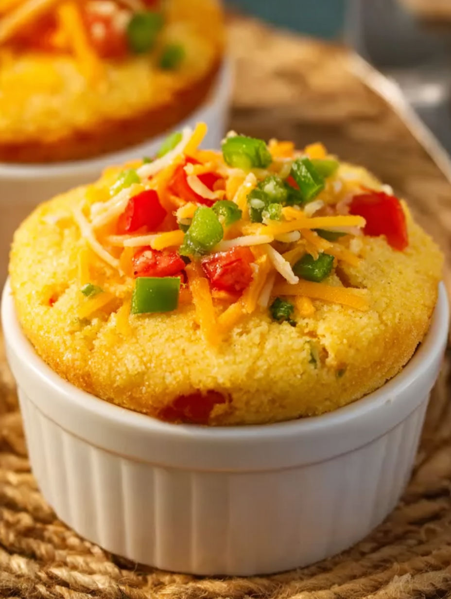 A close up of a cornbread chili pot pie.